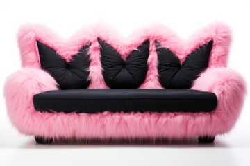 A pink couch with two black pillows on top of it.