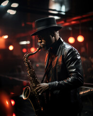 portrait of man with a black leather jacket playing saxophone on stage, dark concert hall with red...