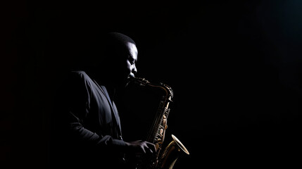 man in black suit playing a saxophone in the darkness on stage in a New York jazz club, a saxophonist isolated on a black background  - obrazy, fototapety, plakaty