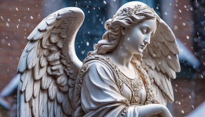 Beautiful angel statue with long hair in snowy winter. winter landscape - obrazy, fototapety, plakaty