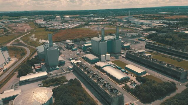 Aerial drone shot of factory and industrial landscape