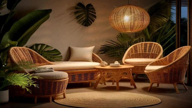 Modern living room with beautiful lamps hanging from the ceiling and woven rattan furniture. Virtual animated background of minimalist home interior, modern living room.