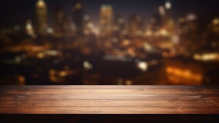.empty table dark top with blur background of town, Advertisement, Print media, Illustration, Banner, for website, copy space, for word, template, presentation - obrazy, fototapety, plakaty