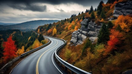 riving on the motorway on a dark moody day with autumn colorful leaves, road, travel, asphalt, highway, car, mountain, fog, transportation, nature, forest, traffic - obrazy, fototapety, plakaty