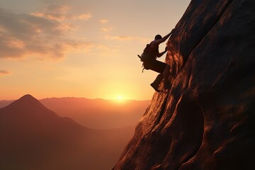 Young man climbing on the background of sunrise. - obrazy, fototapety, plakaty