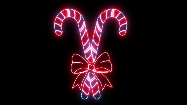 Neon Glowing Candy Canes Set Tied up by Ribbon Bow. Christmas and New Year Sugar Canes tied with red satin ribbon. Illuminated Christmas decorations. Isolated on white background. Candy Canes Set.
