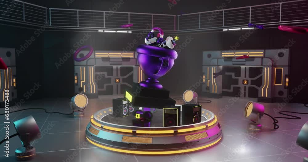 Poster animation of neon gaming features with stage and spot lights on black background