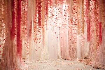 airy, delicate curtains suspended from the top in the Bollywood style, gold-white, white-light red, confetti, carnival