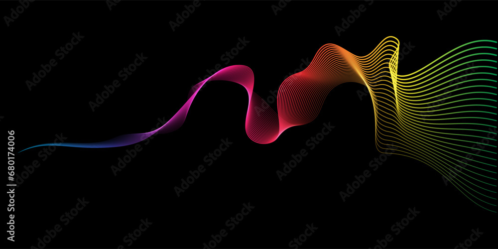 Aufkleber Abstract vector wavy lines flowing smooth curve black colorful spectrum light gradient isolated on black background in concept of technology, science, music, modern.