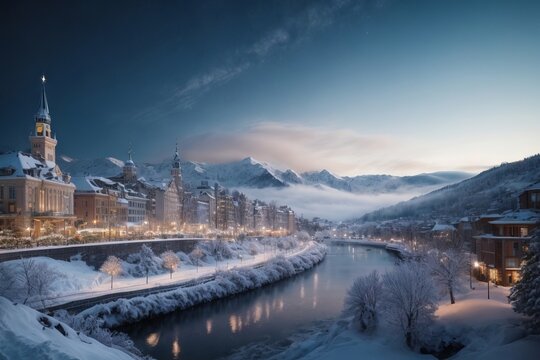 A beautiful winter city with a river, burning lamps, large multi-storey houses in the evening against the backdrop of high mountains and blue sky.