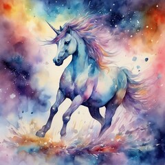 watercolor with unicorn, grunge, intense, stylized, detailed, contemporary art