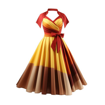 Red yellow retro vintage dress isolated on transparent background. Retro fashion style