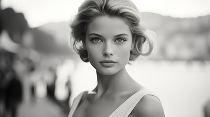 Naklejka premium a black and white photo of a woman with blonde hair wearing a white dress and posing for a picture in front of a body of water with a boat in the background.