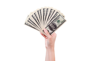 Fan of money in a hand isolated on white background 100 dollars