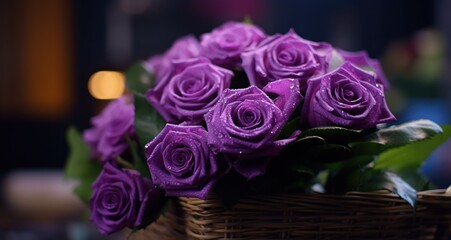 bouquet of purple roses in a basket on a dark background. Love Concept with Copy Space. Mothers Day Concept.