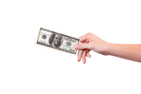 Hand gives a 100 dollar bill on the right . Money in a hand isolated on white or png transparent background