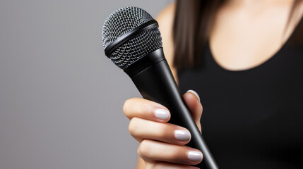 Close-up of a woman's firm grip on a microphone, poised to deliver a powerful message or performance