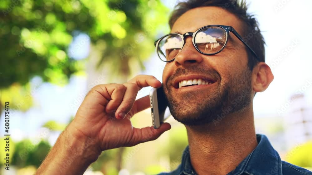 Poster Man, face and happy with phone call outdoor for networking, conversation or talking in nature. Person, guy and smile with smartphone or glasses in street for communication or laughing in urban town