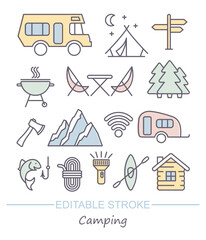 Camping line icons set. Vector illustration with editable stroke