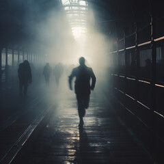 Blurry image of a man in a haze running into factory, people go to the factory early in the morning, industrial background, high iron fence - obrazy, fototapety, plakaty