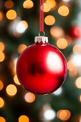 one red shiny christmas bauble decoration close up with tree lights bokeh  