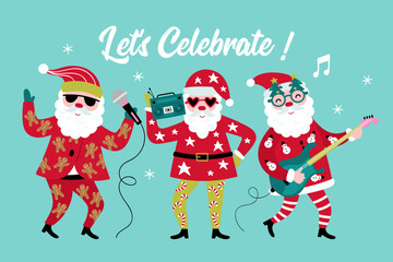 Christmas holiday cute Santa character set. Santa singing, playing guitar and dancing. Childish print for cards, stickers, apparel and decoration. Vector Illustration