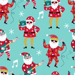 Seamless pattern background with cute Christmas Santa character  singing, playing guitar and dancing. Childish background for fabric, wrapping paper, textile, wallpaper and apparel