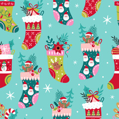 Christmas holiday seamless pattern background with cute socks. Childish print for wrapping paper, textile and apparel - obrazy, fototapety, plakaty