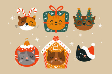 Christmas holiday cute cat character set. Childish print for cards, stickers, apparel and decoration