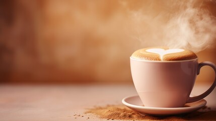  a cup of coffee with steam coming out of the top and a saucer on a saucer on a saucer on a table with a blurry background.