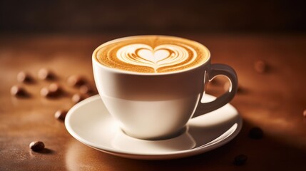  a cup of cappuccino on a saucer on a table with coffee beans scattered around it and a heart drawn in the foam on the top of the cappucciccino.