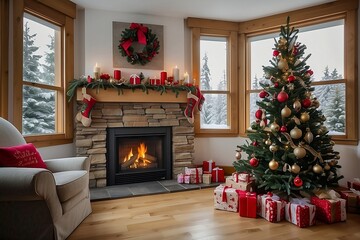 Christmas tree surrounded by wrapped presents next to fireplace and outdoor snowy wintery scene shown in window
