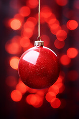 one red shiny glass christmas bauble decoration close up with tree lights bokeh  