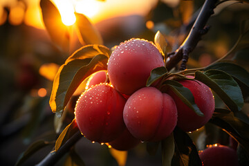 picturesque sunset in a peach orchard - obrazy, fototapety, plakaty