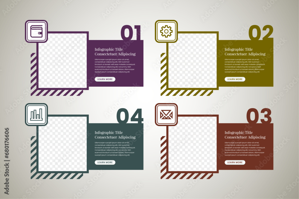 Poster four step vector simple multipurpose infographic template with rectangle photo placeholders icons an