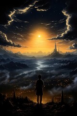 Fototapeta premium Strong Individual Overlooking the Vast Landscape Under a Moody Sky Generative AI