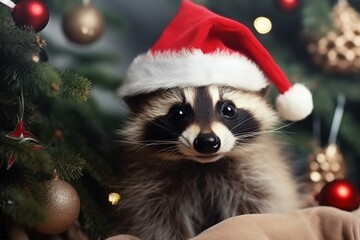 Fototapeta na wymiar a cute racoon wearing a santa claus hat under a christmas tree