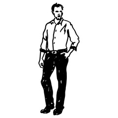 Standing fancy young man in casual clothes. Hand drawn linear doodle rough sketch. Black silhouette on white background.