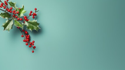  a branch of holly with red berries and green leaves on a blue background, top view, flat lay on the ground, with copy space for text or image.