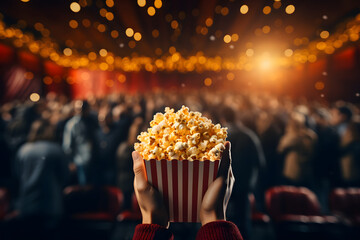 Hands holding popcorn box in movie theater. - obrazy, fototapety, plakaty