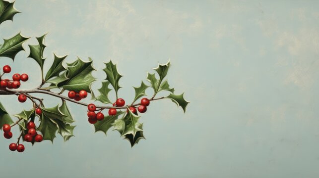  a painting of a holly branch with red berries and green leaves on a light blue background with a light blue sky in the background with a few clouds in the foreground.