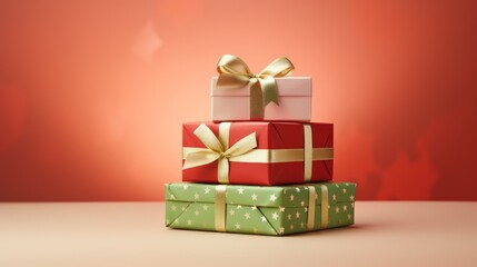  three wrapped presents stacked on top of each other with a gold ribbon and bow on top of each of the three wrapped gifts on top of each other, against a red background.