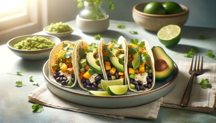 Plate of vegan tacos with black beans, grilled vegetables, avocado, vegan cheese, garnished with cilantro and lime.
