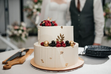 beautiful wedding cake on the background of the newlyweds