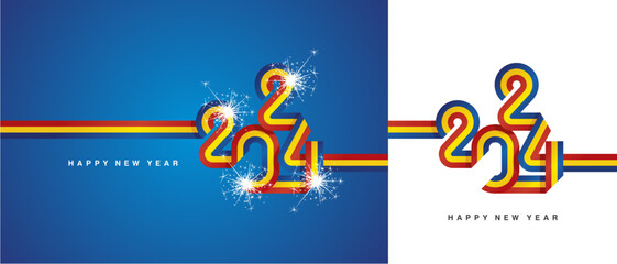 New Year 2024 continuous ribbon in the shape of 2024. Abstract blue yellow red flag of Romania shape 2024 logo with sparkle firework isolated on white and blue background