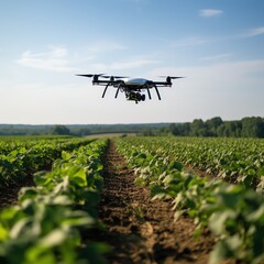 a drone flying over a field of plants