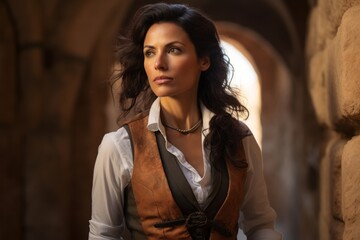 Obraz premium Portrait of a glad woman in her 40s dressed in a polished vest against a backdrop of ancient ruins. AI Generation