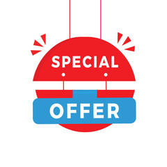 Offer hanging banner design modern style. Special offer Discounts symbol for sale, marketing, business, product advertising. Vector red label icon.