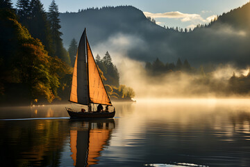 Sailboat gently gliding across a mist-covered lake during the early morning. - obrazy, fototapety, plakaty