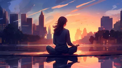 Foto op Canvas Illustration of a woman practicing meditation, yoga, relaxation in the city downtown, with tranquility, peaceful mind, well-being and serenity - Generated by Generative AI © Zubenko Oleksii
